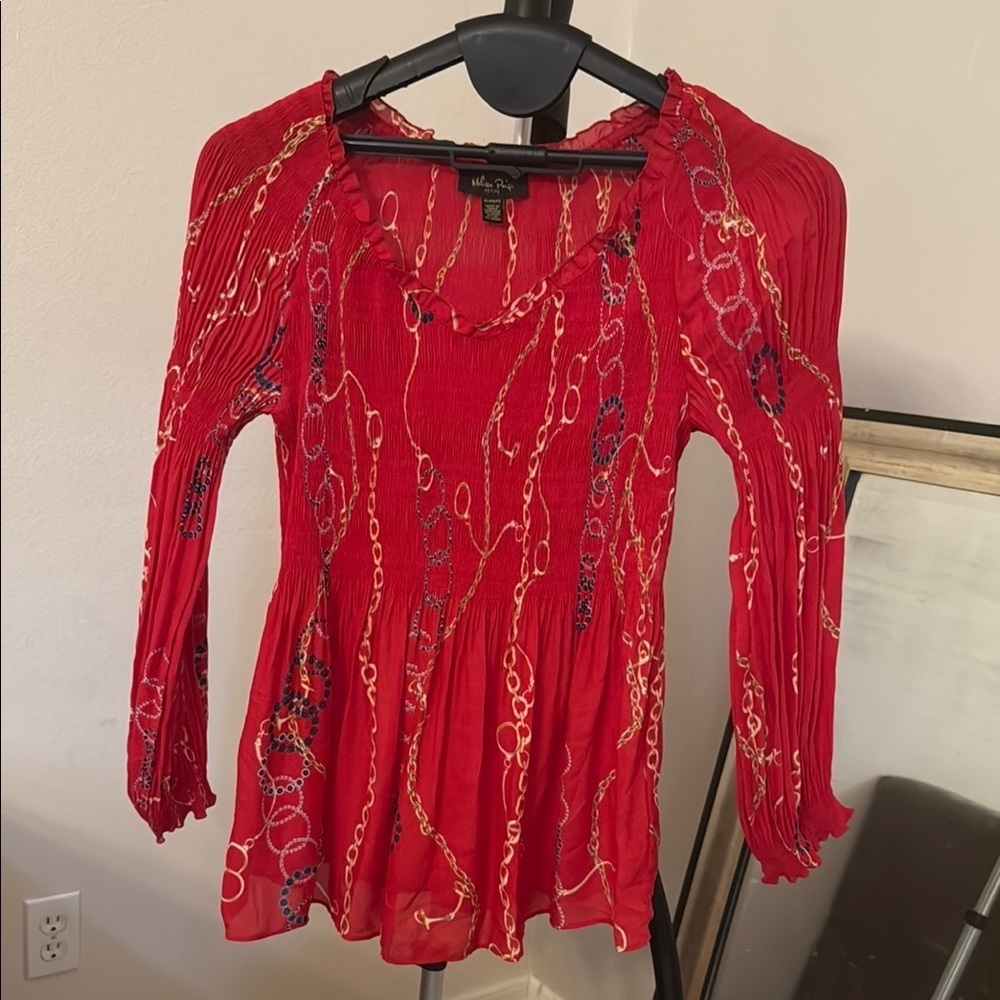 Melissa Paige Red Pleated 3/4 Sleeve Blouse
